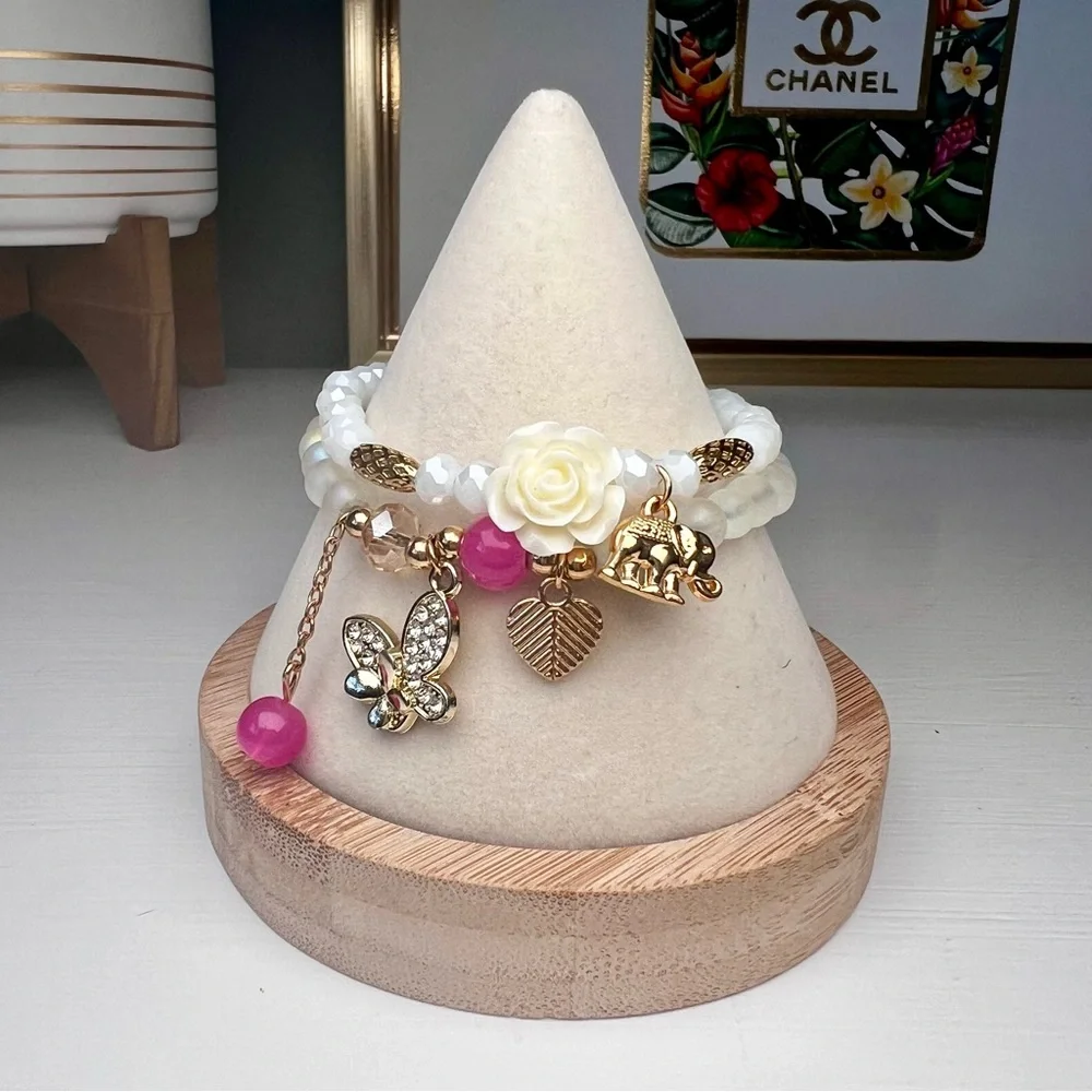 Elegant Gold White Pink Charm Stretch Bracelet Butterfly Heart Flower Elephant